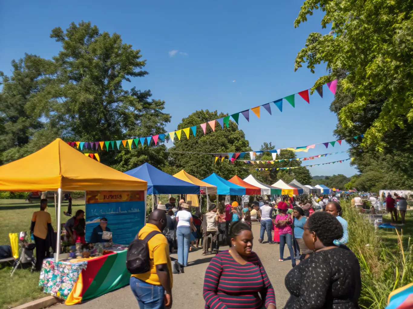 A diverse group of people participating in a community event, laughing and enjoying each other's company in an outdoor setting.
