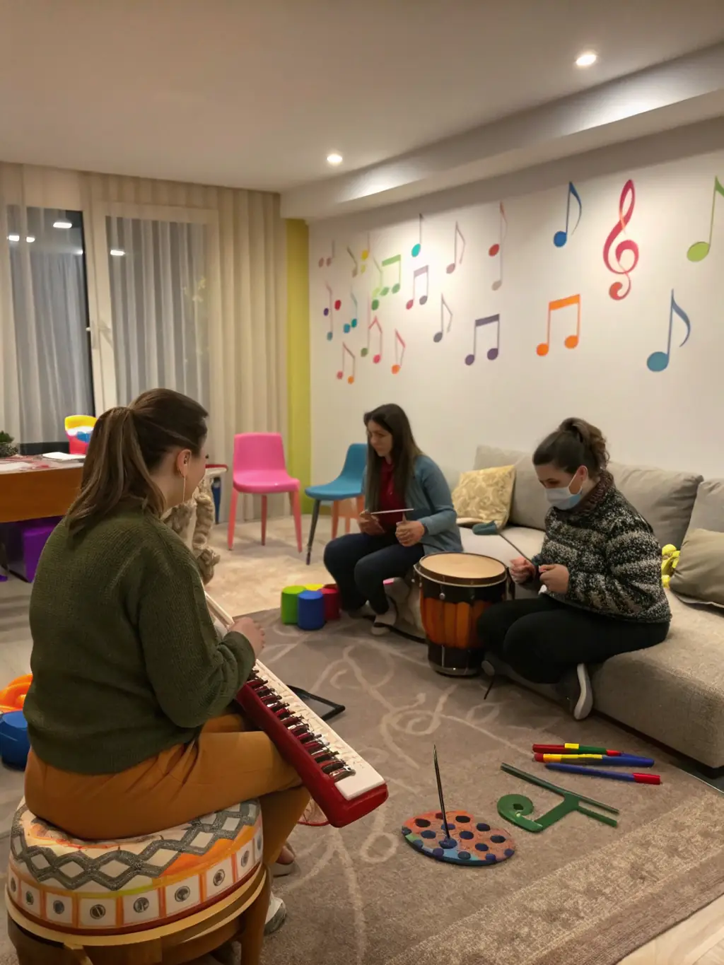 A group of individuals participating in a music therapy session, playing instruments and singing together in a joyful and supportive environment at Joani Social Station.