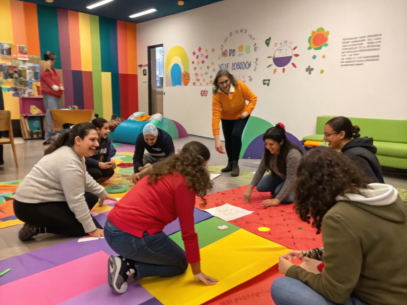 A group of participants engaging in a social skills workshop, smiling and interacting positively with each other in a brightly lit room.