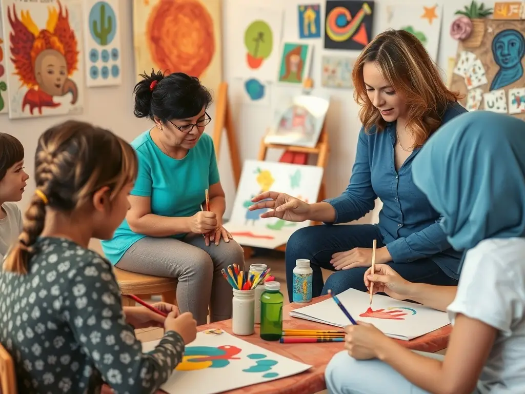 Participants creating art during an art therapy session, expressing themselves through painting and drawing in a calming and creative environment.