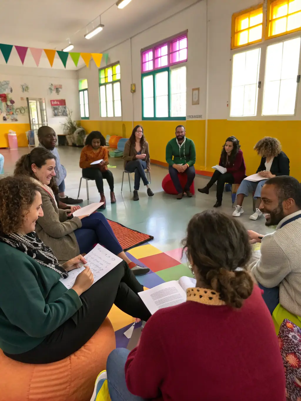 A group of individuals participating in a social skills workshop, engaging in activities and discussions, fostering a supportive environment at Joani Social Station.